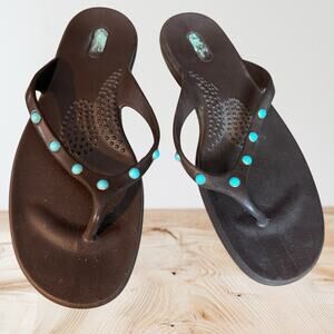Oka-B Beach Sandal Slides Flip-flops with Turquoise Studs size Large